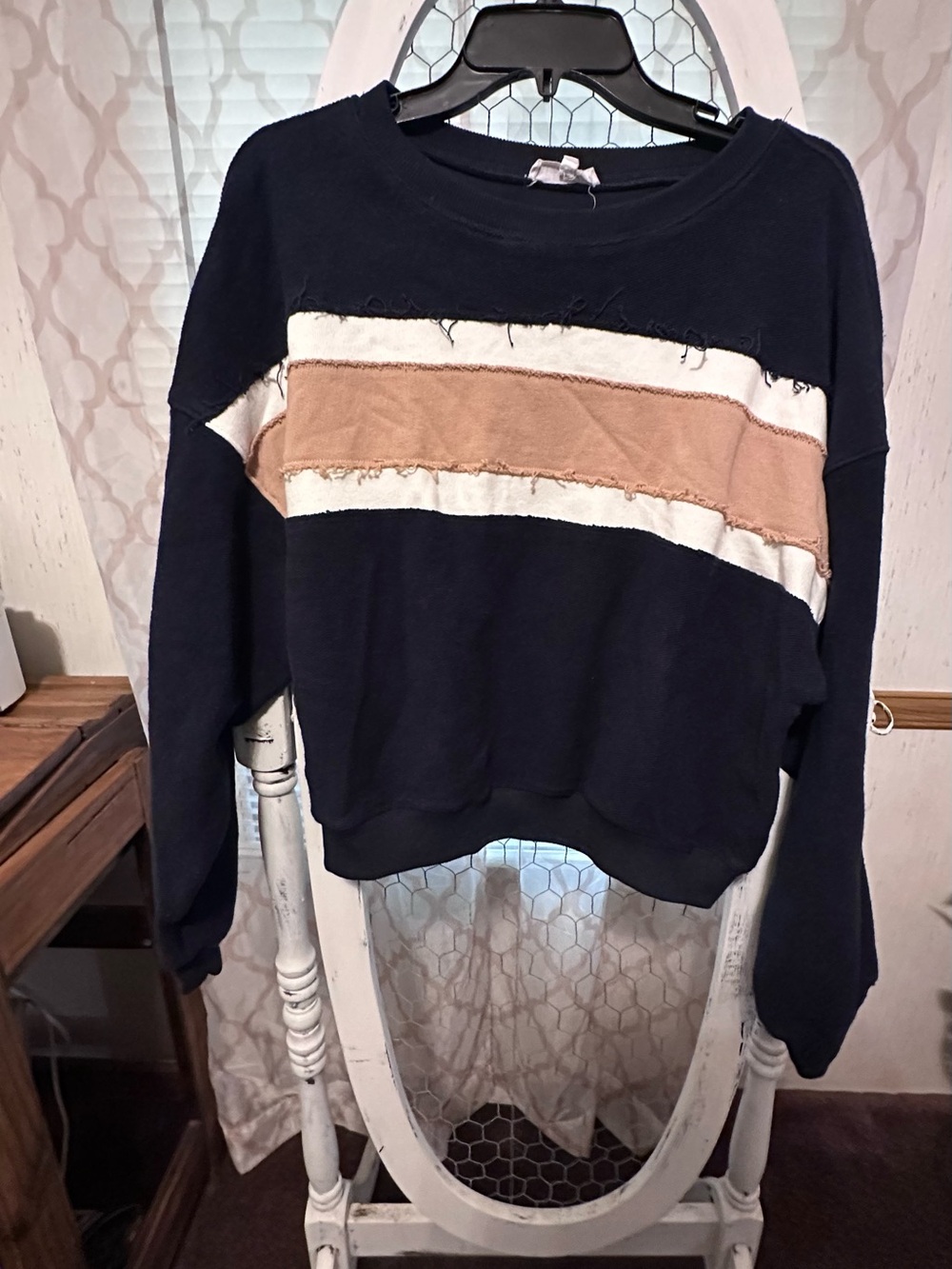 Navy Crewneck Sweatshirt with Beige and Cream Stripe Detail